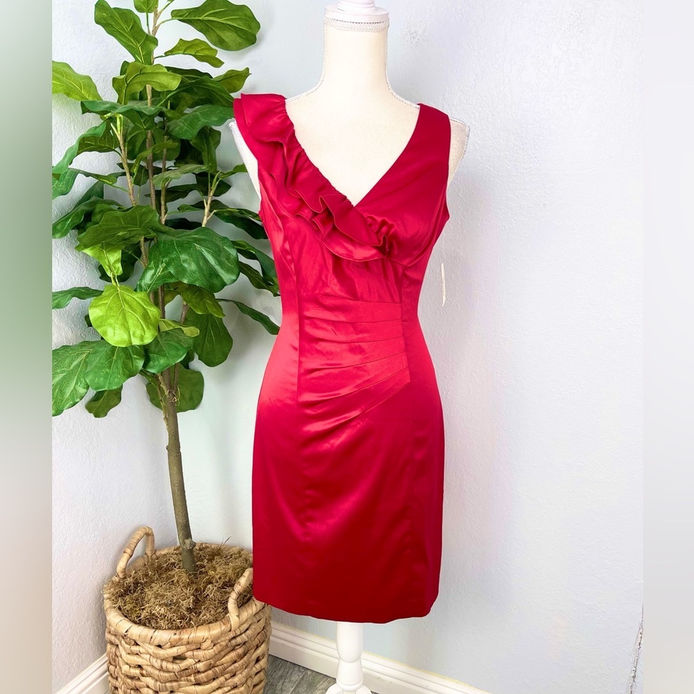 Allen B True Red Satin Ruffle V Neck Elegant Date Dress